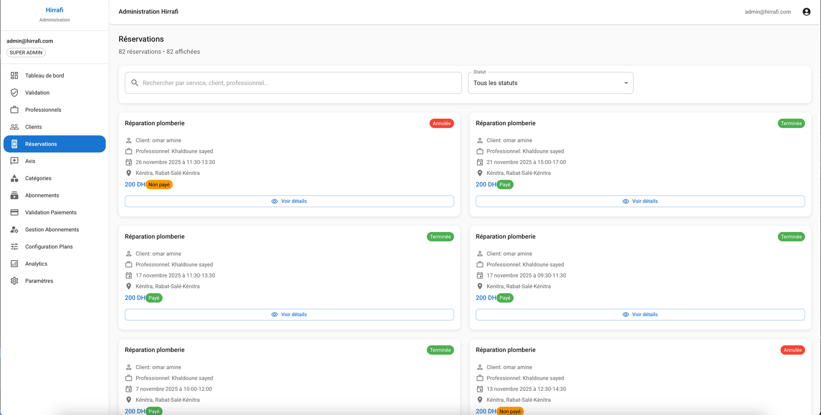 Hirrafi Admin — Réservations