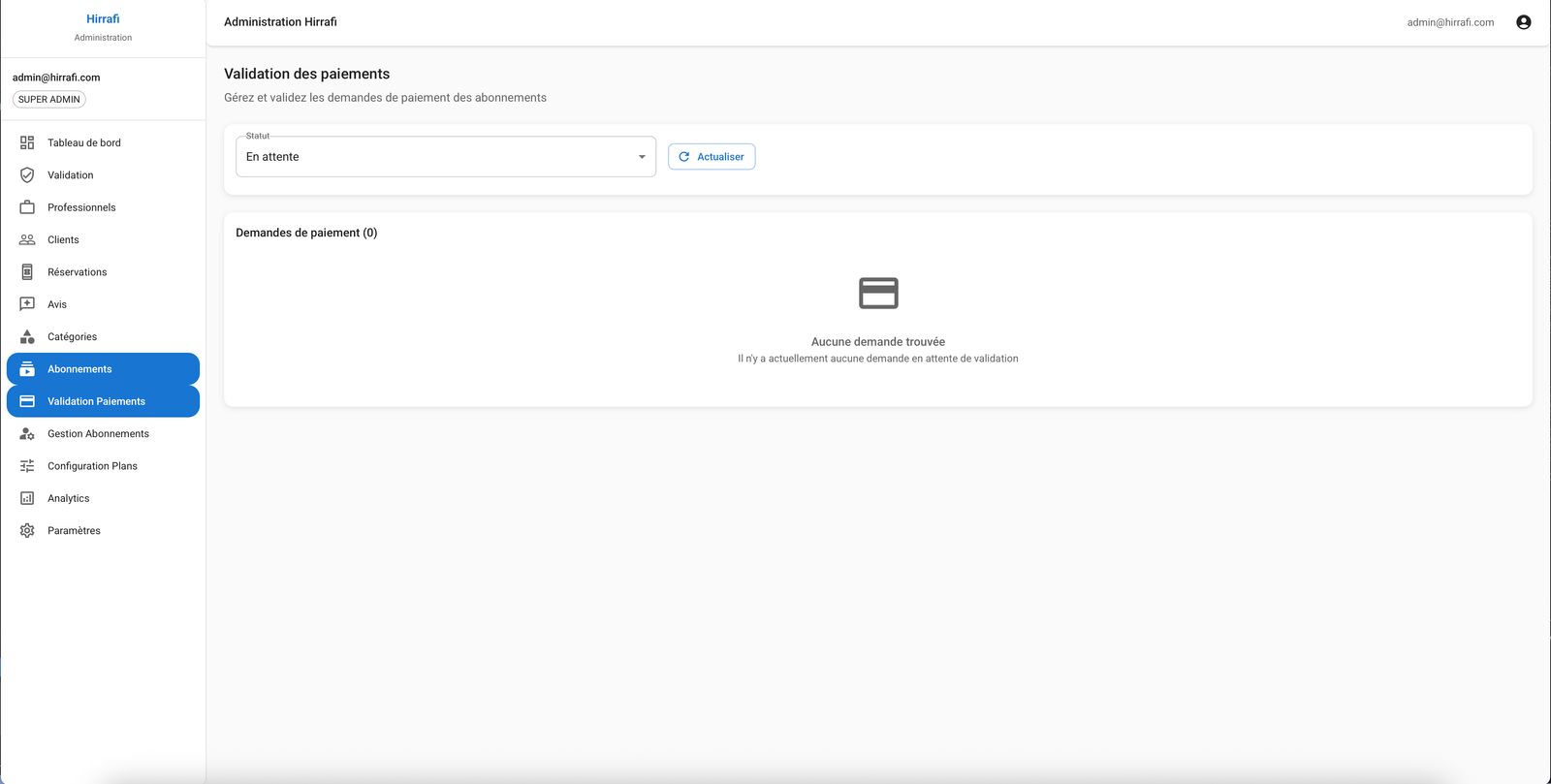 Hirrafi Admin — Validation des abonnements