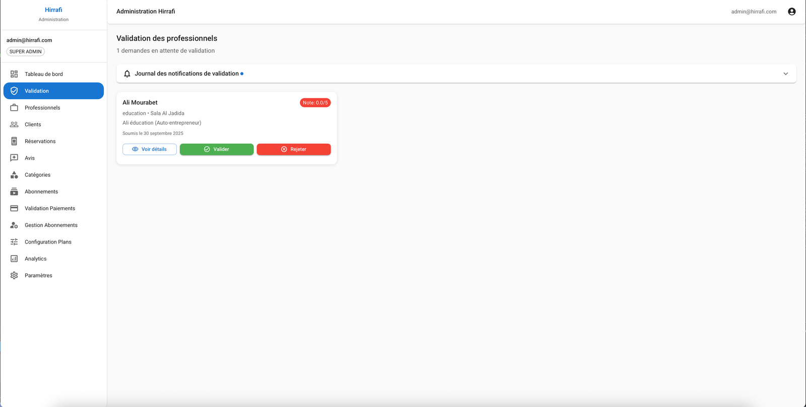 Hirrafi Admin — Validation des professionnels