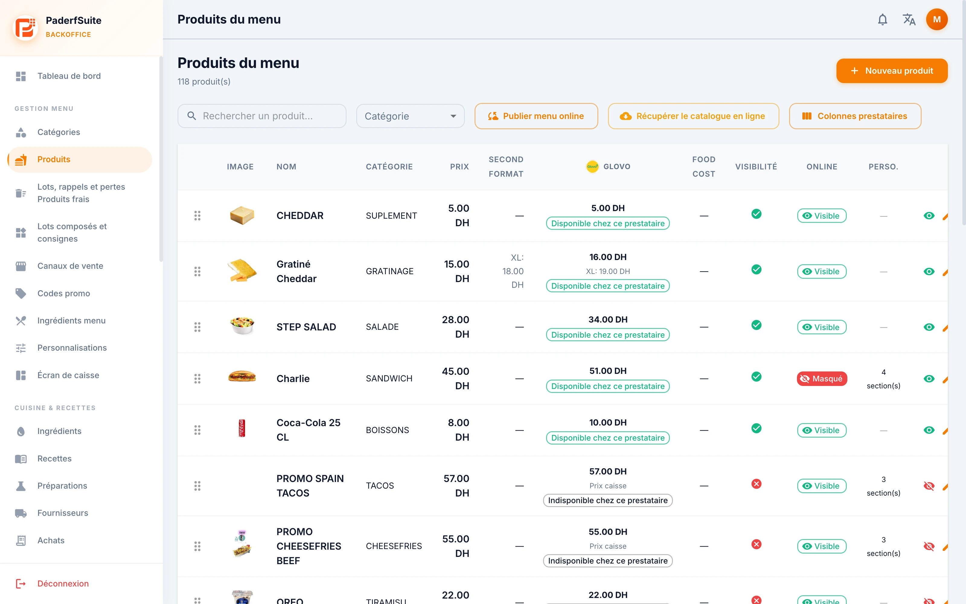 POSBackOffice — produits du menu